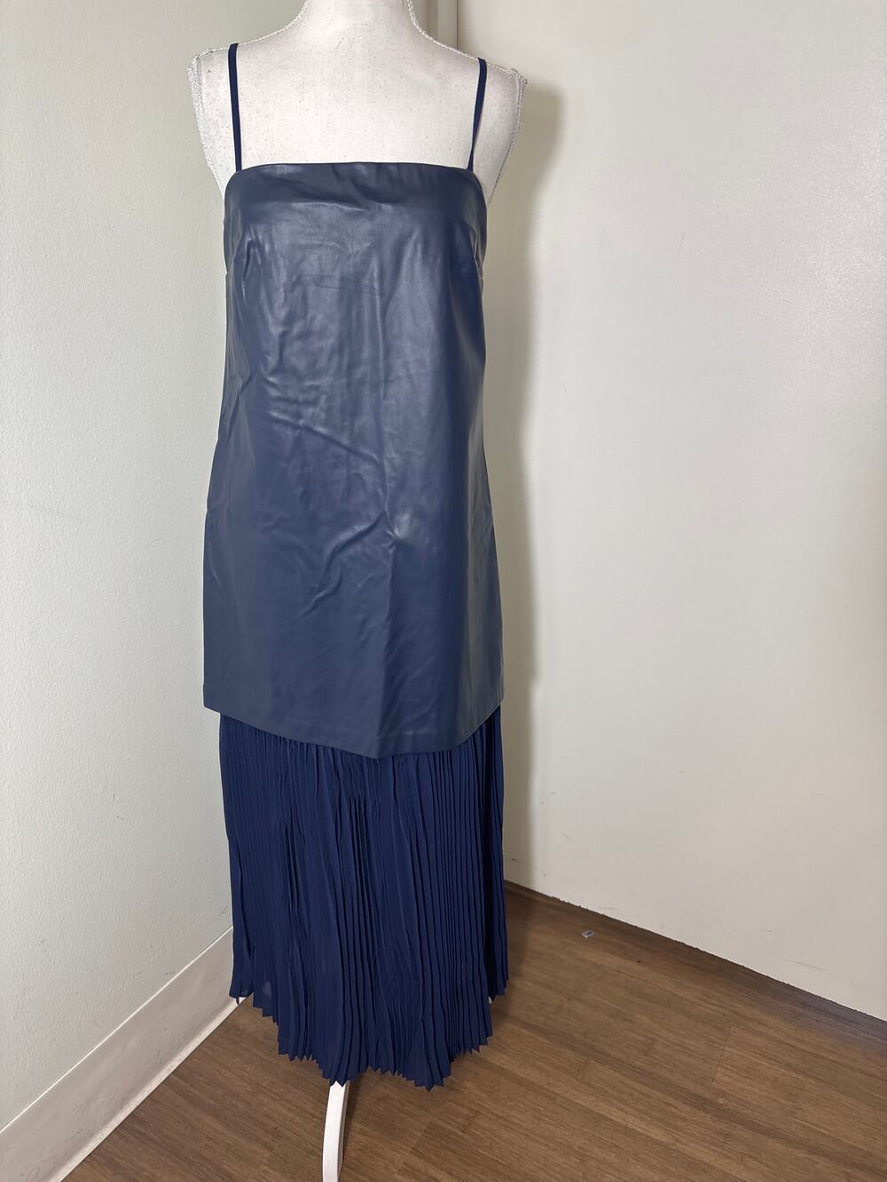 NWT Hyacinth House Navy Faux Leather and Chiffon Pleated Maxi Dress Sz S